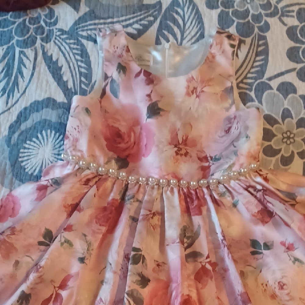 Pink Floral Girls 8 Dress with Pearl Accents Spring Holiday Easter